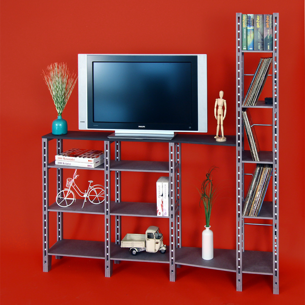 Regal für diverse Bücher mit Fernsehtisch